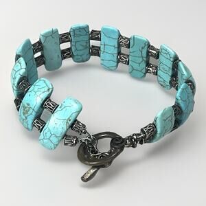 VTG Silver over Copper Elongated Turquoise Howlite Bar Bead Bracelet Sz 7.75''